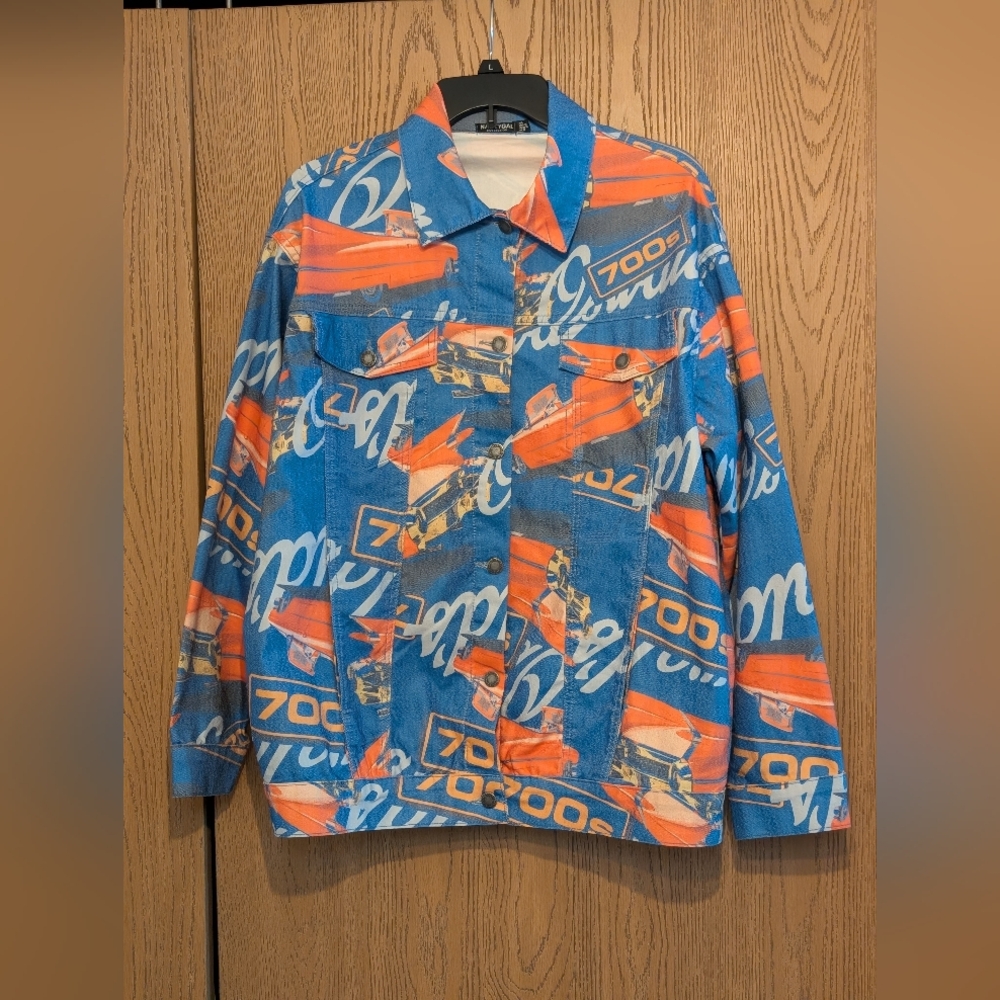 2pc Vibrant Blue and Orange Car Graphic Jacket Matching Graphic Zip Up Tube Top